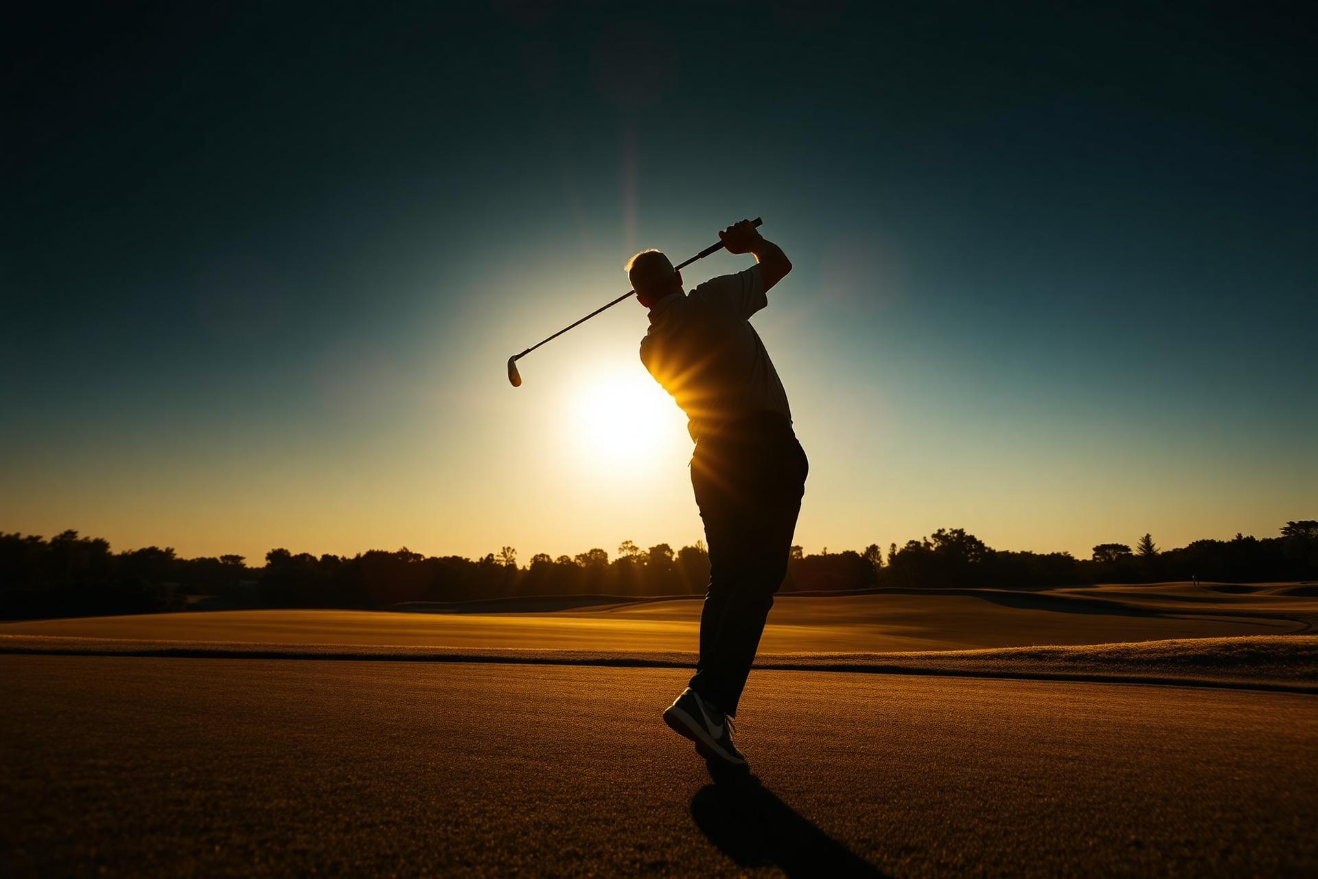 Golfer mid-swing at golden hour on Aurelian's coastal fairway
